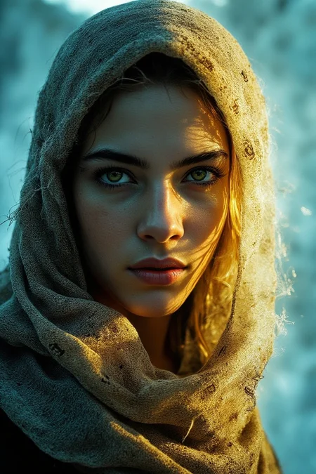 A photorealistic, digital-futuristic depiction of a cloaked female figure with glowing golden skin and eyes that merge shades of gold and green. Her face, partially veiled by tattered cloth detailed with hieroglyphic patterns, reveals age-old stories. The worn fabric is textured, capturing light through cobweb strands. The abstract, icy-blue polygonal background shifts between depths, creating a frozen void that feels both ancient and futuristic. The interplay of her warm, golden hues against the cold, blue tones of the environment amplifies the mystical atmosphere, blending themes of time and technology.,Real-Faceji