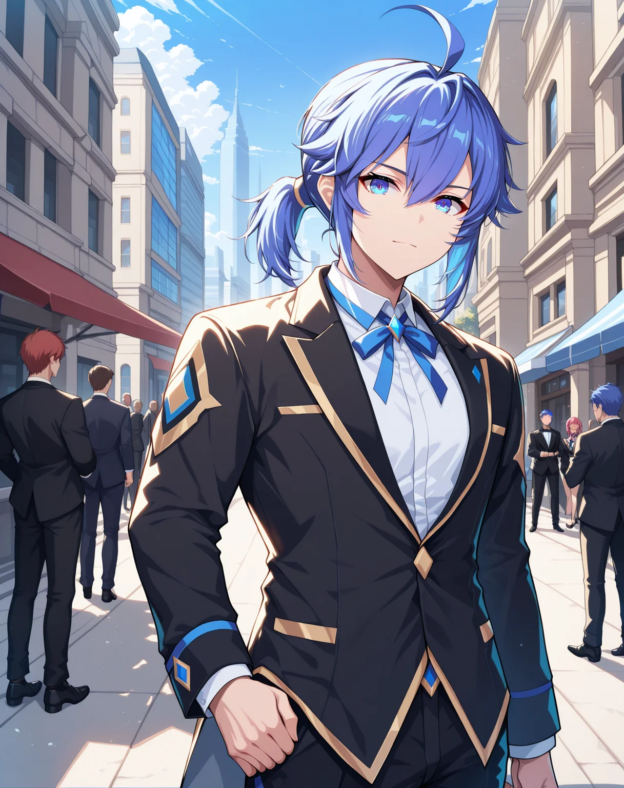 masterpiece, best quality, absurdres, very aesthetic,
1boy, solo, yaoi, male focus,
looking at viewer, cowboy shot, standing,
<lora:Ronan_Evolution_ilxl:1> ronanevolution, ponytail, blue hair, ahoge, hair between eyes, blue eyes,
tuxedo, neck ribbon, white shirt, collared shirt, black pants, shoes, black footwear, suit jacket, black jacket,
outdoors, day, blue sky, building, people,