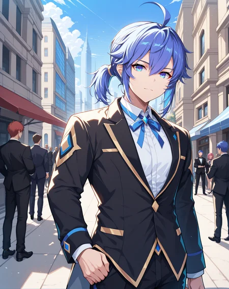 masterpiece, best quality, absurdres, very aesthetic,
1boy, solo, yaoi, male focus,
looking at viewer, cowboy shot, standing,
<lora:Ronan_Evolution_ilxl:1> ronanevolution, ponytail, blue hair, ahoge, hair between eyes, blue eyes,
tuxedo, neck ribbon, white shirt, collared shirt, black pants, shoes, black footwear, suit jacket, black jacket,
outdoors, day, blue sky, building, people,