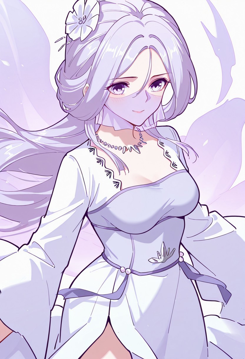 Chu_Qingcheng_IL, 1girl, long purple hair, wavy hair, Soft wavy strands, hair ornament, parted bangs, purple eyes, hair between eyes, necklace, medium breasts, face veil, soft light purple veil, elegant outfit, white dress, layered dress, pearl accents, high slit dress, wide sleeves, flowy fabric, ornamental belt, waist gems, floral chest design, happy, shy