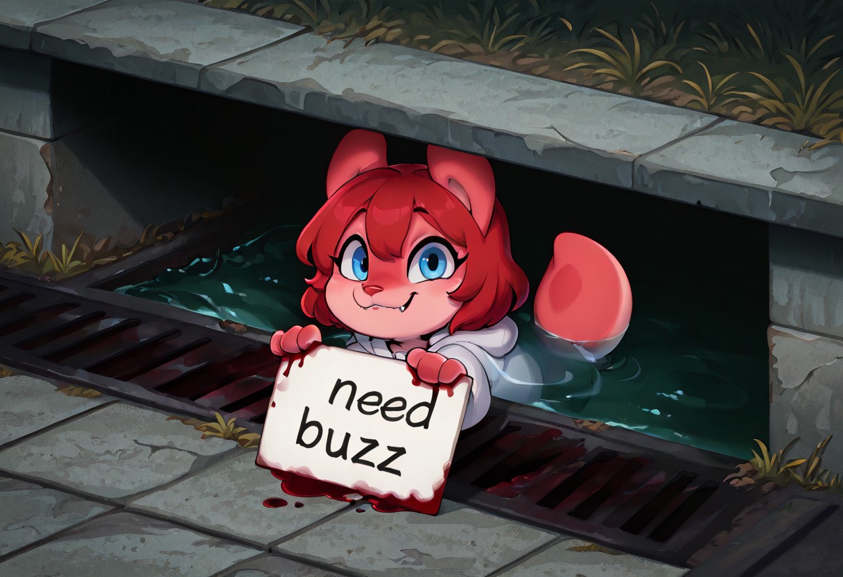 masterpiece,best quality,amazing quality,very aesthetic,high resolution,ultra-detailed,detailed background,absurdres,newest, high quality, 1girl, detailed fur,Jam (Miu), red hair, red fur, blue eyes, tail, animal ears, furry, need_buzz, holding sign with text "need buzz", evil smile, fang, looking at viewer, cute, chibi, sewer grate, pennywise in the sewer, pennywise in the sewer (meme), storm drain, sewer grate, grate, sewer, meme, concrete, grass, sidewalk, murderous intent, blood spatter
