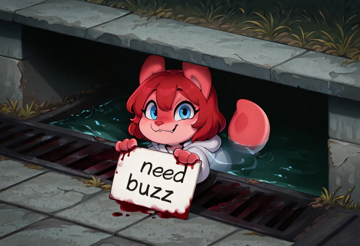 masterpiece,best quality,amazing quality,very aesthetic,high resolution,ultra-detailed,detailed background,absurdres,newest, high quality, 1girl, detailed fur,Jam (Miu), red hair, red fur, blue eyes, tail, animal ears, furry, need_buzz, holding sign with text "need buzz", evil smile, fang, looking at viewer, cute, chibi, sewer grate, pennywise in the sewer, pennywise in the sewer (meme), storm drain, sewer grate, grate, sewer, meme, concrete, grass, sidewalk, murderous intent, blood spatter