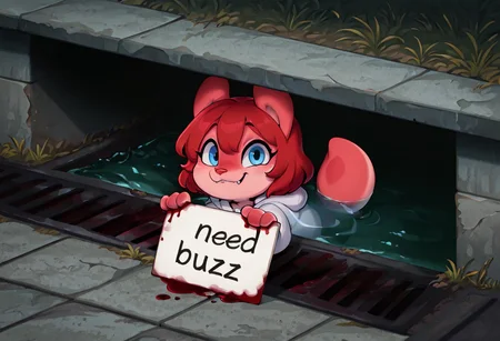 masterpiece,best quality,amazing quality,very aesthetic,high resolution,ultra-detailed,detailed background,absurdres,newest, high quality, 1girl, detailed fur,Jam (Miu), red hair, red fur, blue eyes, tail, animal ears, furry, need_buzz, holding sign with text "need buzz", evil smile, fang, looking at viewer, cute, chibi, sewer grate, pennywise in the sewer, pennywise in the sewer (meme), storm drain, sewer grate, grate, sewer, meme, concrete, grass, sidewalk, murderous intent, blood spatter