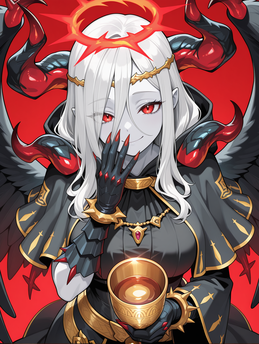 fallen angel, condemned darklord, hand on own mouth, chalice, solo, red nails, holding chalice, sharp fingernails, from above, 1girl, smile, looking at viewer, white skin, red halo, gold circlet, black gloves, black feathered wings, black dress, black capelet, red background,
masterpiece,best quality,amazing quality,very aesthetic,absurdres,newest,<lora:Condemned Darklord illuXL v1.1:0.75>,