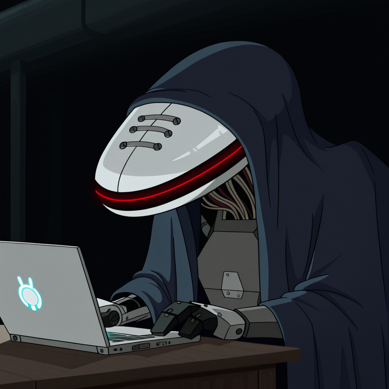 toon \(style\), ultra detailed, raytracing, masterpiece, best quality, highres, absurdres, upper body, itcond1, solo, robot, big white head, blue cape, hood up, no eyes, no mouth, neck of wires, glowing red line facial mark, (holding laptop:1.5), <lora:itcond1illu_ep10:1>