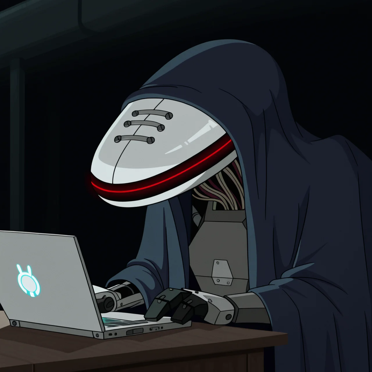 toon \(style\), ultra detailed, raytracing, masterpiece, best quality, highres, absurdres, upper body, itcond1, solo, robot, big white head, blue cape, hood up, no eyes, no mouth, neck of wires, glowing red line facial mark, (holding laptop:1.5), <lora:itcond1illu_ep10:1>