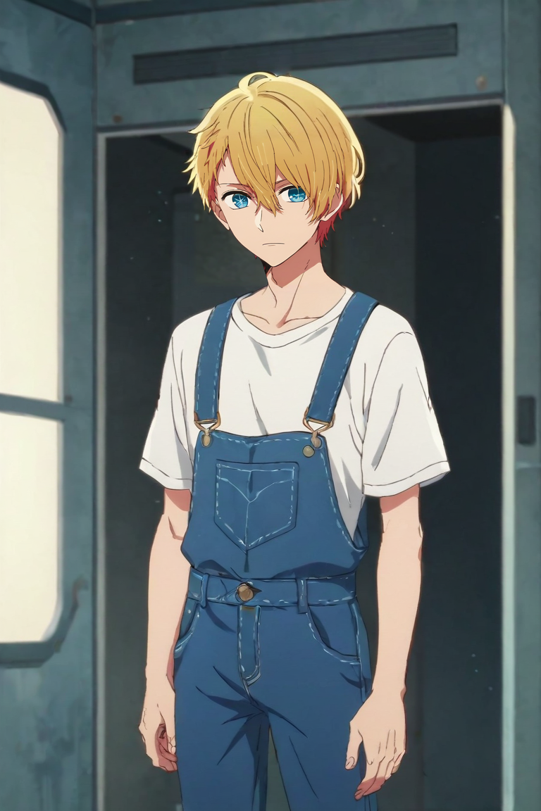 score_9, score_8_up, score_7_up, score_6_up, score_5_up, score_4_up, BREAK source_anime, anime screencap, anime coloring, , looking at viewer, , , 1boy, solo, male focus, <lora:aquamarine_hoshino_pony:0.84>, aquamarine_hoshino, , overalls, , science fiction space western, , <lora:sdxl_lightning_8step_lora:1>