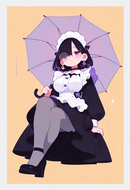 masterpiece, best quality, good quality, very aesthetic, absurdres, newest, 8K, viewed from below, legs focus, legs awe, full body, BREAK
side portrait of stunning girl sitting, legs crossed, bangs, black hair, bobcut hair, purple eyes, choker, hair over one eye, (rimless big round glasses), large breasts, earrings, ear pierces, ultra detailed decorative victorian gossamer clothes, very short tight black maid dress, maid apron, multi colored hair, grey tights, black pumps,
simple pastel red background with thick white border,
holding transparent umbrella, directional lighting, BREAK half closed eyes, blushing, unfocused eyes, slightly parted lips, distant gaze, emotionless look,face visible through umbrella,
ultra-realistic, Flatline, Flat vector illustration, haiz_ai, no lineart, no outline,
heavy-rain, rain,
pplegs, chubby legs, thick legs, skindentation,
<lora:haiz_ai_illu:0.8> <lora:flatline:1.65> <lora:ponyv6_noobE11_2_adamW:0.25> <lora:Slider-LimbWidth:1.5> <lora:Slider-LegLength:-1.5> <lora:v0.04_Concept_pony:0.2>