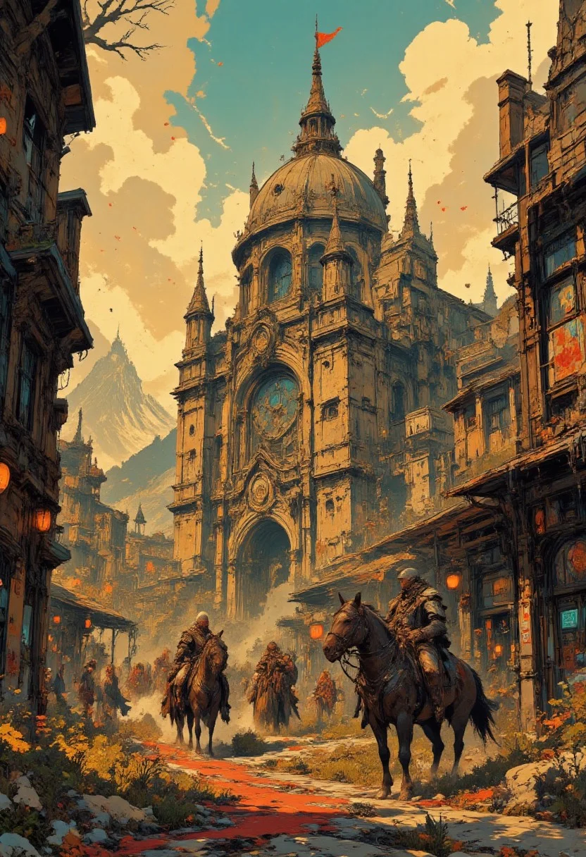 A medieval fantasy scene, set in a European castle or town. The scene is bathed in golden, late afternoon light, casting long shadows and creating a warm, ethereal atmosphere. The central focus is a grand, domed cathedral with ornate Gothic architecture, featuring multiple spires and arched windows. The cathedral's dome is adorned with intricate carvings and a red flag waves from its highest point. In the foreground, a cobblestone street is flanked by wooden buildings with thatched roofs, illuminated by soft, warm lights from lanterns hanging overhead. The street is adorned with a red carpet running down the center, adding a touch of grandeur. Several armored knights, dressed in heavy chainmail and helmets, walk down the street, some on horseback, creating a sense of nobility and authority. The knights' armor is detailed with intricate designs, emphasizing their status. The background showcases more buildings and a bustling market scene, with people milling about and engaging in various activities. The overall texture of the image is highly realistic, capturing the rich textures of stone, wood, and metal, with a meticulous attention to detail that brings the scene to life. The overall color palette is dominated by warm oranges, reds, and greens, with a touch of cool blue in the sky and the stone architecture. The scene is rich in detail. In the style of ff-td, vintage art, Fancha style.