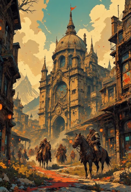 A medieval fantasy scene, set in a European castle or town. The scene is bathed in golden, late afternoon light, casting long shadows and creating a warm, ethereal atmosphere. The central focus is a grand, domed cathedral with ornate Gothic architecture, featuring multiple spires and arched windows. The cathedral's dome is adorned with intricate carvings and a red flag waves from its highest point. In the foreground, a cobblestone street is flanked by wooden buildings with thatched roofs, illuminated by soft, warm lights from lanterns hanging overhead. The street is adorned with a red carpet running down the center, adding a touch of grandeur. Several armored knights, dressed in heavy chainmail and helmets, walk down the street, some on horseback, creating a sense of nobility and authority. The knights' armor is detailed with intricate designs, emphasizing their status. The background showcases more buildings and a bustling market scene, with people milling about and engaging in various activities. The overall texture of the image is highly realistic, capturing the rich textures of stone, wood, and metal, with a meticulous attention to detail that brings the scene to life. The overall color palette is dominated by warm oranges, reds, and greens, with a touch of cool blue in the sky and the stone architecture. The scene is rich in detail. In the style of ff-td, vintage art, Fancha style.