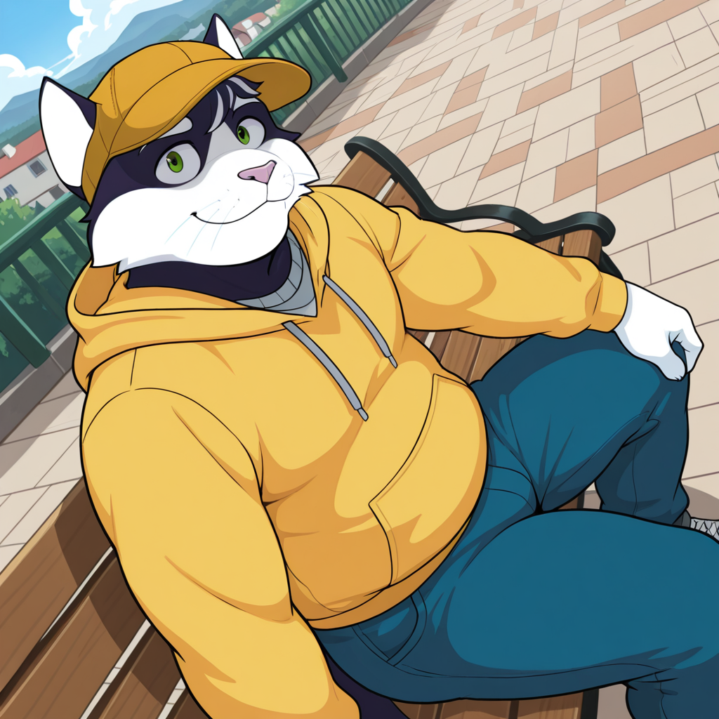 furry, 2boys, solo, male, cat, cat boy, whiskers, green eyes, striped hair, striped fur, tail, slightly chubby, yellow hoodie, baseball cap, yellow headwear, smile, :3, sitting, bench, town background, detailed background, looking at viewer, dynamic angle, dutch angle, dynamic pose, view from above, view from side, dynamic angle, dynamic pose, dutch angle, from below, looking at viewer, masterpiece, best quality, amazing quality, very aesthetic, highres, absurdres, detailed background <lora:Jayce_Sercap:1>