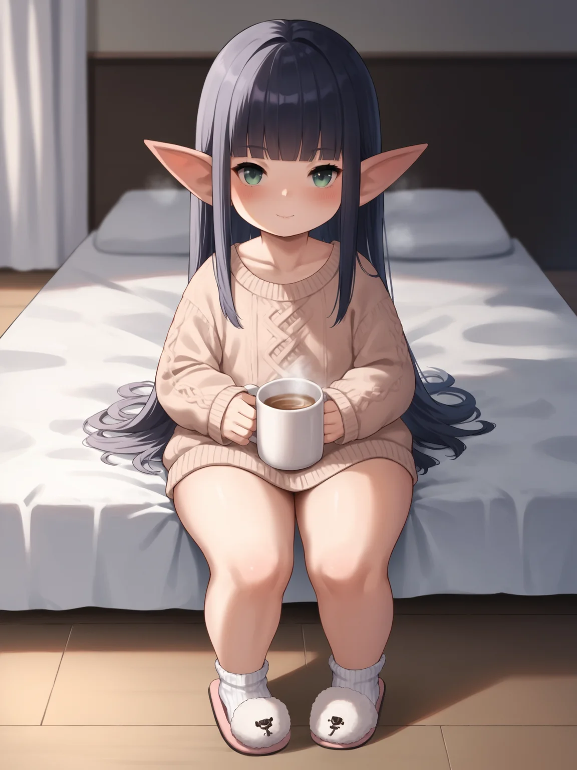 score_9, score_8_up, score_7_up, score_6_up, score_5_up, score_4_up, source_anime, <lora:Perfect Hands:1> Perfect Hands, <lora:PerfectEyesXL:1> perfecteyes, BREAK
1girl, looking at viewer, jewelry, <lora:Lalafellv2:0.8> lalafell, pointy ears, shortstack, flat chest, legs_up, hime cut hair, Lounge at Home Comfort: Oversized knit sweater, Leggings, Fuzzy socks, Slippers, Warm blanket, Hot cocoa,