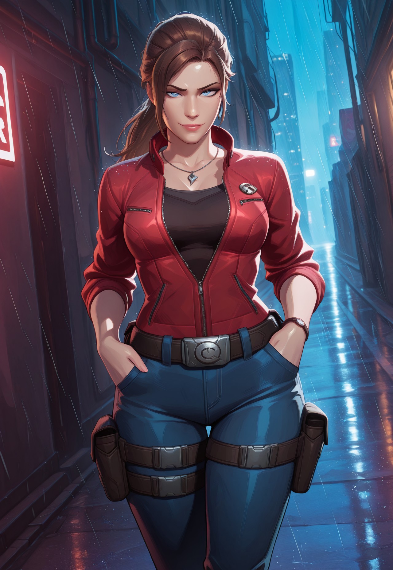 (score_9, score_8_up:1.1), score_7_up, 8k, masterpiece, high quality, extremely detailed, MarvelRivals, semi realistic, cartoon, <lora:AMarvelRivals_style-06:1>, cl4ire, medium breasts, blue eyes, brown hair, long hair, ponytail, necklace, red jacket, partially unzipped, sleeves rolled up, black tank top, jeans, boots, utility belt, holster, thigh strap, cold soft lighting, shiny skin, perfect reflection, perfect lighting, perfect shadows, perfect anatomy, perfect chest, perfect hips, perfect legs and feet, perfect hands, perfect face, perfect eyes, perfect waist, perfect body, perfect face shape, perfect mouth, perfect hair, perfect waist, best quality, detailed hair, expressive eyes, sexy, long legs, slim body, (city, alley, night, fog, rain,) seductive pose, seductive smirk, looking at viewer, raised eyebrow, hands on pockets, cowboy shot,