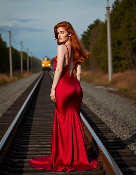 A blazing redhead supermodel stands on an active railway track, her crimson silk gown pooling at her feet as the distant glow of an oncoming train approaches. The wind rushes against her, sending shivers through her exposed skin. She locks eyes with the camera, her gaze dripping with defiance and raw eroticism. Itâs a high-stakes moment of beauty and dangerâthe sound of steel against steel, the scent of adrenaline in the air, and the undeniable presence of a woman who refuses to move   <lora:jialissa64:0.9>
