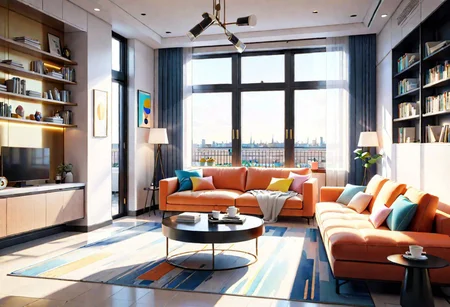 ((front view)), Shallow scene, ((animation style)), modern-style interior, with white walls, (large windows), a  study, Sofa, coffee table, bookcase, single wall, 
warm light morning sun, (the view of the city)