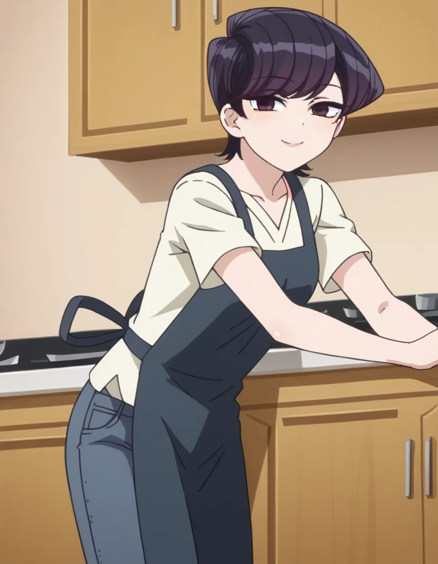 score_9, score_8_up, score_7_up, source_anime,
shuukokomi, <lora:shuuko-komi-s1s2-ponyxl-lora-nochekaiser:1>,
shuuko komi, short hair, black hair, black eyes, half-closed eyes,
shirt, white shirt, short sleeves, pants, apron, denim, jeans, blue apron,
indoors, kitchen, bent over, smile,
looking at viewer, cowboy shot, dutch angle, solo,
