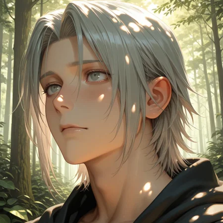 masterpiece, best quality, amazing quality, absurdres, newest, detailed background, definition so sharp, Ultra-HD, 8K cinematic, very awa, impressionate, amazing quality, highres,
solo, male focus, manly,
yashiroisana, 1boy, short hair, parted bangs, shiro_pretime, shiro_grey hair, shiro_grey eyes, looking around, curious expression, calm, forest, sunlight, dappled light, playful, aesthetic, serene, youthful