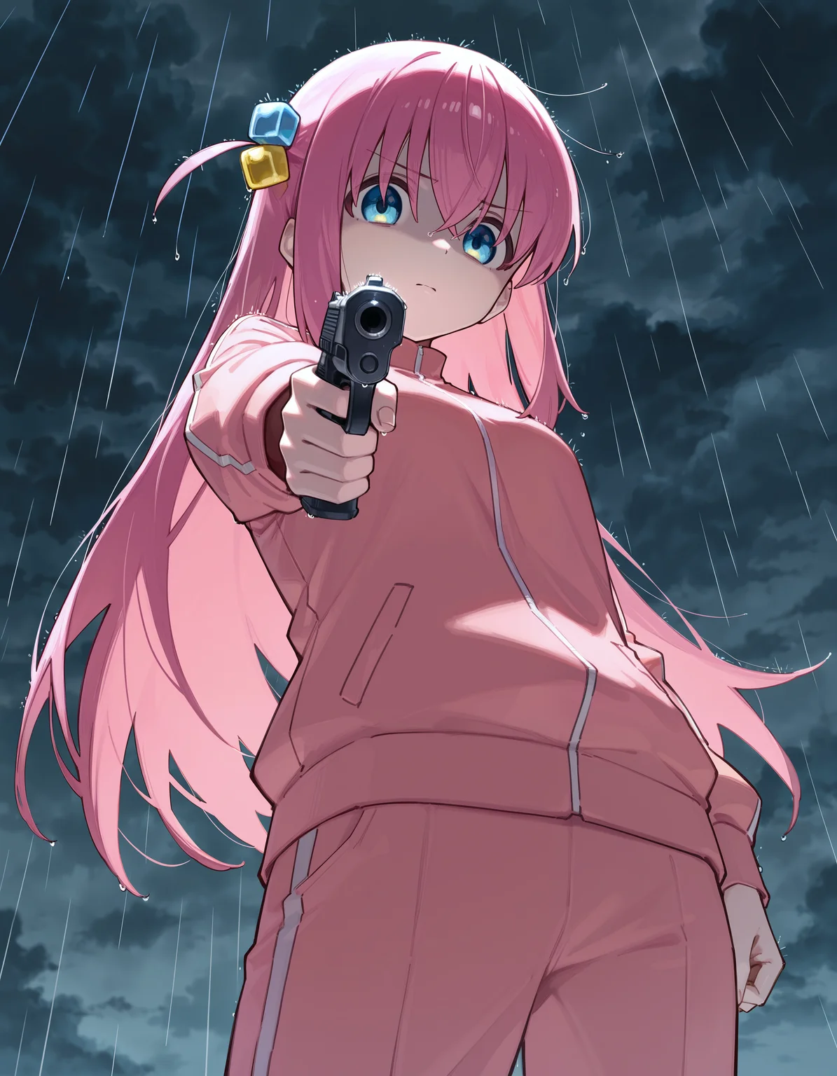 1girl, gotoh hitori, bocchi the rock!, (imoko \(imonatsuki\):0.8), (yoon cook:0.6), (yoneyama mai:0.6), solo, serious, aiming at viewer, handgun, tracksuit, standing, from below, rain, dark clouds, masterpiece, best quality, good quality, newest, highres, absurdres