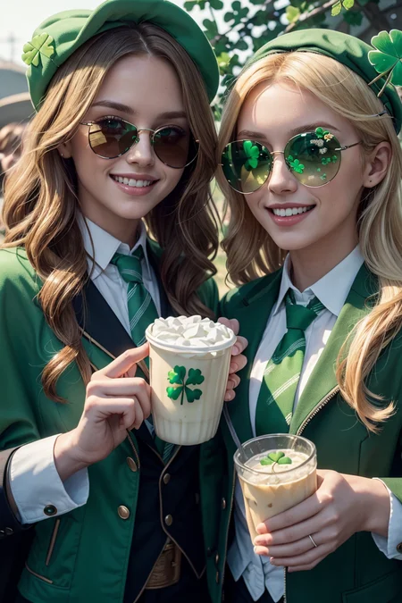 ((masterpiece, best quality)),  <lora:ShamrockWorld-10:0.8>, ShamrockWorld,  clover, four-leaf clover, light particles,  long hair, smile, short hair, multiple girls, blonde hair, shirt, hat, holding, 2girls, jacket, multiple boys, necktie, glasses, cape, grin, blurry, cup, v, sunglasses, bottle, realistic, clover, green cape