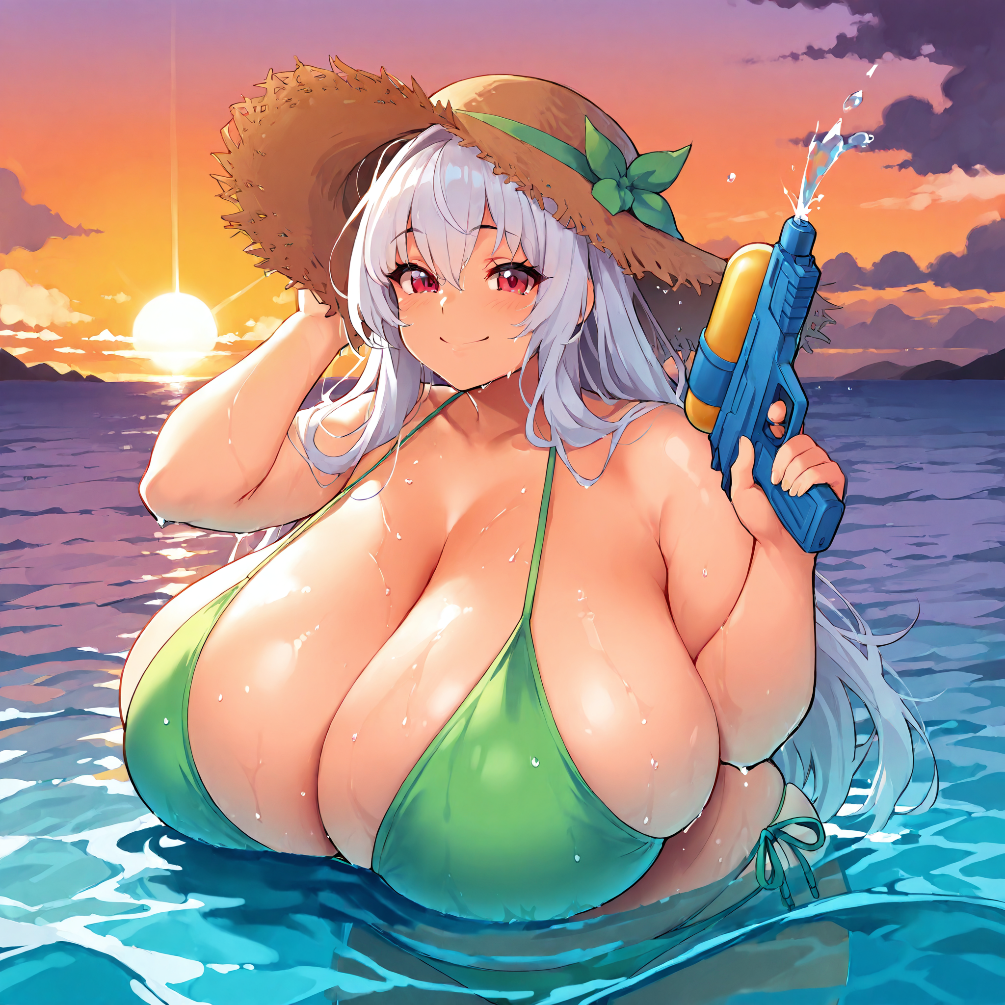 (masterpiece), best quality, (highly detailed), 1female, solo, <lora:Waltzpurgis_style_Illustrious:0.8>, partially submerged, gigantic breasts, straw hat, wet, ocean, sunset, holding water gun, long hair, white hair, red eyes, smile, green bikini,
