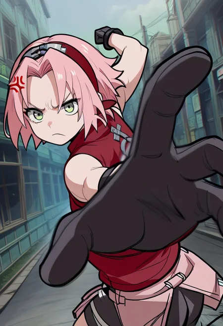 score_9, score_8_up, score_7_up, score_6_up, score_5_up, score_4_up, BREAK, anime screencap, anime coloring, source_anime, solo, 1girl, sakura haruno, short hair, green eyes, pink hair, parted bangs, hairband, forehead protector, sleeveless, red shirt, bike shorts, shorts, black gloves, angry, Cross-Popping Veins, incoming punch, <lora:SakuraShippudenXL:1>