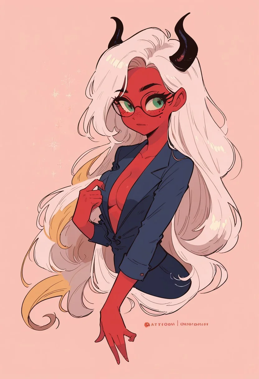score_9, score_8_up, score_7_up. 1girl, demon girl, red skin, freckles, mole under eye, glowing green eyes, glasses, black small horns, long flowing hair, perfect face, perfect eyes, sexy, perfect body, wearing office uniform, busy office background, stern expression, boss lady, super cute, pinup,dynamic angle, cowboy shot, leaning over, slight cleavage