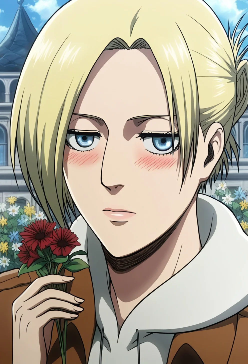score_9, score_8_up, score_7_up,1girl,source_anime,annieS1 ,blonde hair,short hair,blue eyes,tied hair,detailed face,masterpiece,best quality, holding flowers, sexy,outdoors,blushing, annie leonhardt, <lora:annieS1:1>