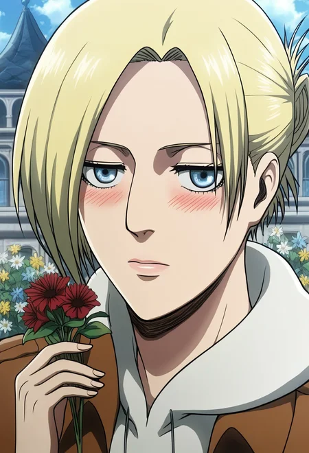 score_9, score_8_up, score_7_up,1girl,source_anime,annieS1 ,blonde hair,short hair,blue eyes,tied hair,detailed face,masterpiece,best quality, holding flowers, sexy,outdoors,blushing, annie leonhardt, <lora:annieS1:1>
