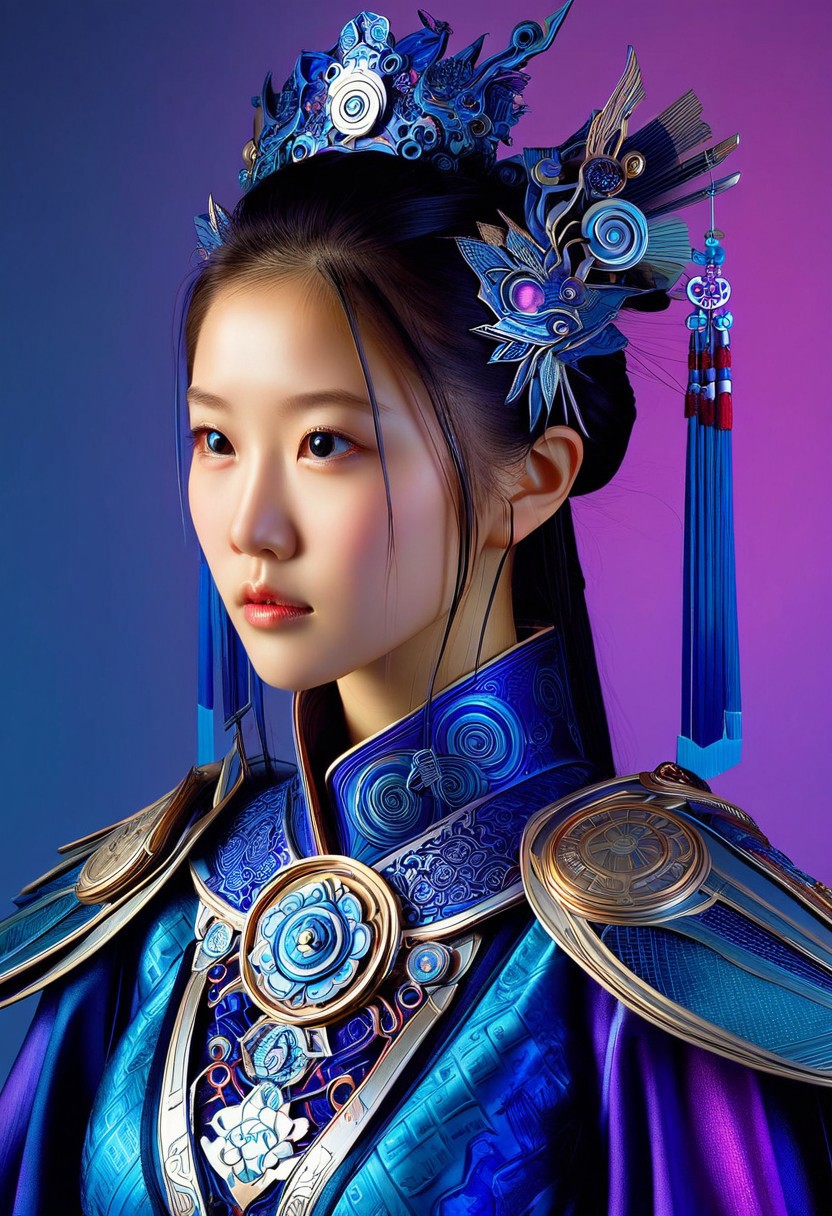 A hyper-realistic, upper-body portrait of a lone girl adorned in intricate, futuristic fantasy clothes, blending traditional Chinese cultural elements with modern accents, set against a subtle, gradient background that shifts from deep blues to vibrant purples, with soft, cinematic lighting that accentuates her delicate features, capturing the subtle sheen of silk and the metallic glint of futuristic accessories, in the style of digital painting with precise, ultra-detailed textures.