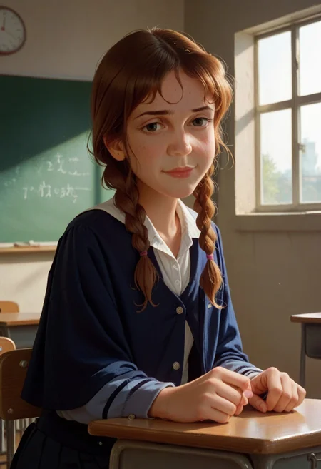score_9, score_8_up, score_7_up, tlu, solo, girl, young, school uniform, smug, classroom, dramatic lighting, braids