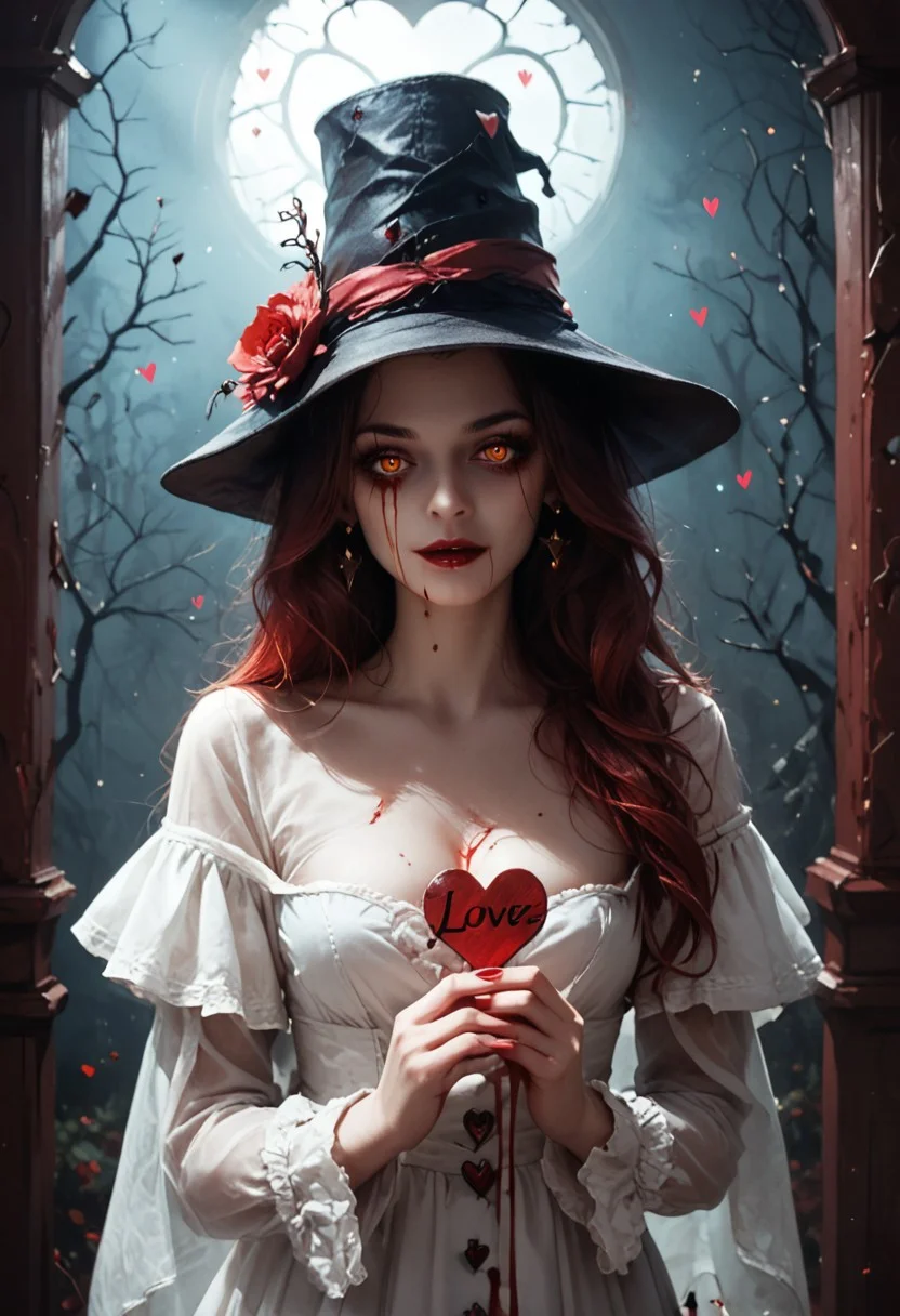 score_9, score_8_up, score_7_up, score_6_up, Expressiveh, 1girl, G0th1c M41d3n, young woman, white dress, red rose, medium breasts, holding heart_(organ), holding, outstretched arms, black hat, horror, "love", blood spattered, dark, fantasy, dramatic lighting, standing, (incoming gift:0.5), ((heart_(organ))),