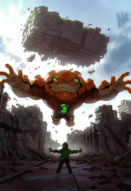masterpiece, best quality, amazing quality, very aesthetic, absurdres, newest,, detailed background, 
 movie scene, cinematic scene, cinematic, 
gravitack, crooked teeth, 1boy, armor, monster, green eyes, solo, massive arms, big hands, no humans, solo, 
telekenesis, outstretched arms, ||1.  (floating building, ruins, post-apocalypse), ||2. cars, ground vehicles, motor vehicle,