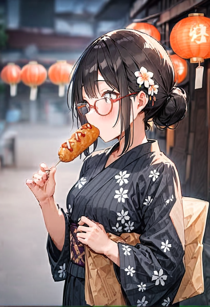 masterpiece, best quality, very aesthetic, absurdres,
1girl, solo, glasses, black hair, food, long hair, blush, holding, holding food, yukata, floral print, hair ornament, hair flower, hair bun, uchiwa, paper fan, blurry background, happy,
american_dog, ketchup, skewer,  summer, night, paper lantern,
<lora:american_dog_SDXL_V1:1>