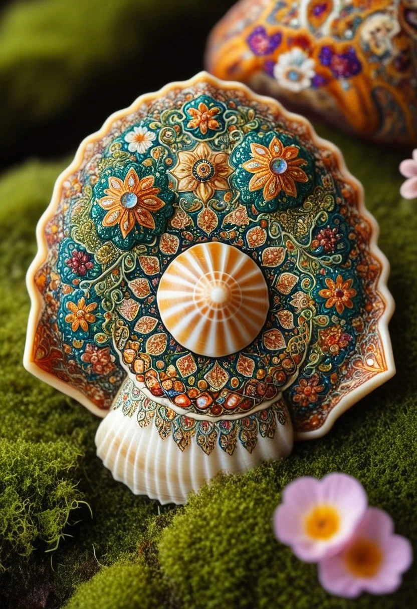 A close up of a cute thing with a shell, mossy, flowers, colorful, sparkling
Persian patterns
