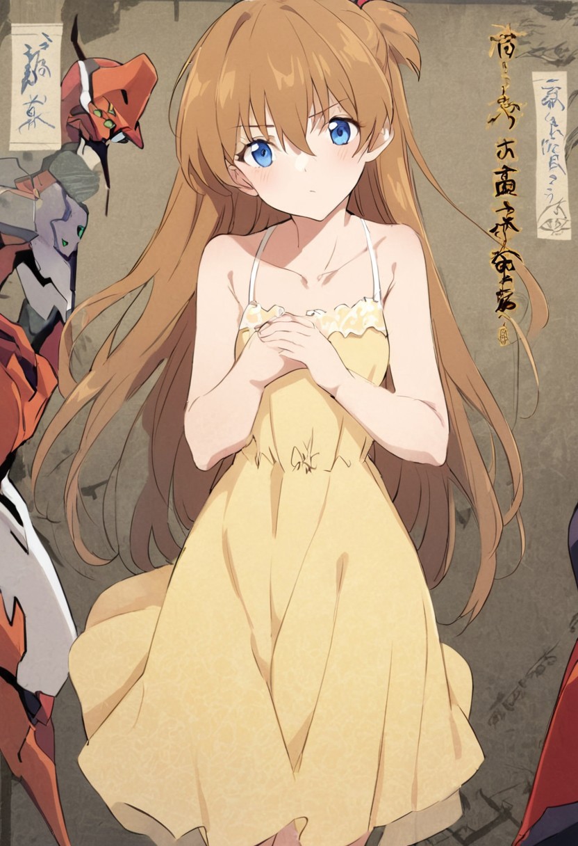 Masterpiece, best quality, Eva-02, mecha, neon genesis evangelion, science fiction, asuka langley soryu, long hair, bangs, blue eyes, brown hair, hair ornament, dress, yellow dress, sundress, collarbone, bare shoulders, ukiyo-e,