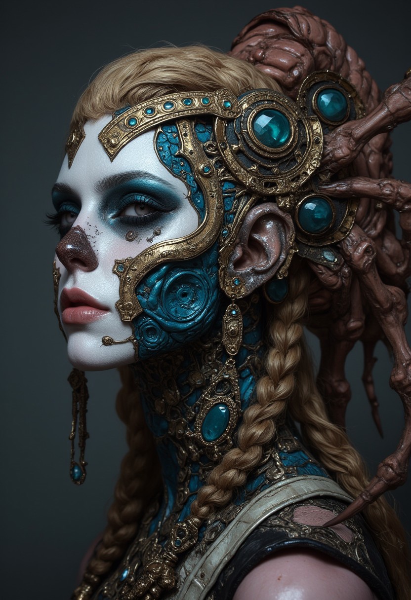 An extravagant "Monster Makeover" challenge where contestants, paired with GWAR-styled creatures wearing wigs and makeup tools, compete to transform each other into the most glamorous alien overlord, using glitter, bright paint, and oversized costume jewelry.
, in the styles of Royo's dark, mystical realism, Artgerm's hyper-detailed, metallic sheen, and Lovecraft's eerie, atmospheric tension, with meticulous attention to intricate textures, dramatic shading, and a sense of haunting, ethereal beauty.
