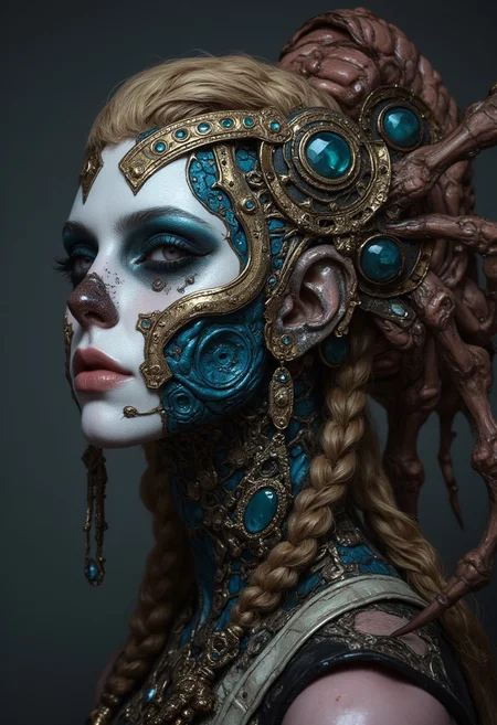 An extravagant "Monster Makeover" challenge where contestants, paired with GWAR-styled creatures wearing wigs and makeup tools, compete to transform each other into the most glamorous alien overlord, using glitter, bright paint, and oversized costume jewelry.
, in the styles of Royo's dark, mystical realism, Artgerm's hyper-detailed, metallic sheen, and Lovecraft's eerie, atmospheric tension, with meticulous attention to intricate textures, dramatic shading, and a sense of haunting, ethereal beauty.