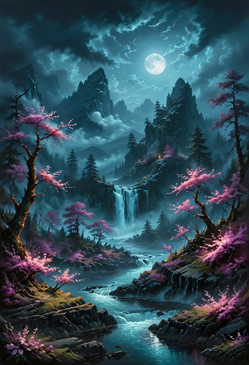 Under the eerie glow of a full moon, a dark and ominous forest landscape unfolds, A vibrant cherry blossom tree stands by the edge of a serene lake, its vivid hues contrasting starkly with the foreboding atmosphere. In the background a waterfall cascades down jagged rocks, the water glistening in the moonlight, Thick swirling clouds loom overhead adding to the sense of an evil presence, The moonlight peaks through the clouds casting an otherworldly glow over the entire scene. The air is thick with mysticism as if the very night holds ancient secrets and dark magic, romantic impressionism, dream scenery art, beautiful oil matte painting, romantic, style of thomas kinkade, (beautiful digital painting:1.3), anime style, romantic painting, dreamlike digital painting, colorful painting, beautiful oil painting, style of greg rutkowski, janek sedlar, and jenny saville, midjourney style painting, (paint brush textures:1.3), (masterpiece:1.35), (dramatic lighting:1.5), brush textures