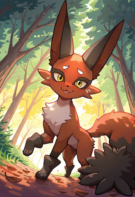 masterpiece, best quality, looking at viewer, zzNickit, dim forest path, golden hour light filtering through trees, mossy ground, still posture, one paw slightly raised, alert to distant sound, silence broken only by birdsong â The forest hushes as zzNickit halts mid-step, one paw hovering above the mossy trail. Shafts of orange light break through the canopy, brushing over its fur as it listens. Every leaf seems to hold its breath, the moment stretched taut like a drawn bowstring. ,<lora:NickitPokedex_IXL_v1:1.0>, foreshortening, dynamic angle, close up,