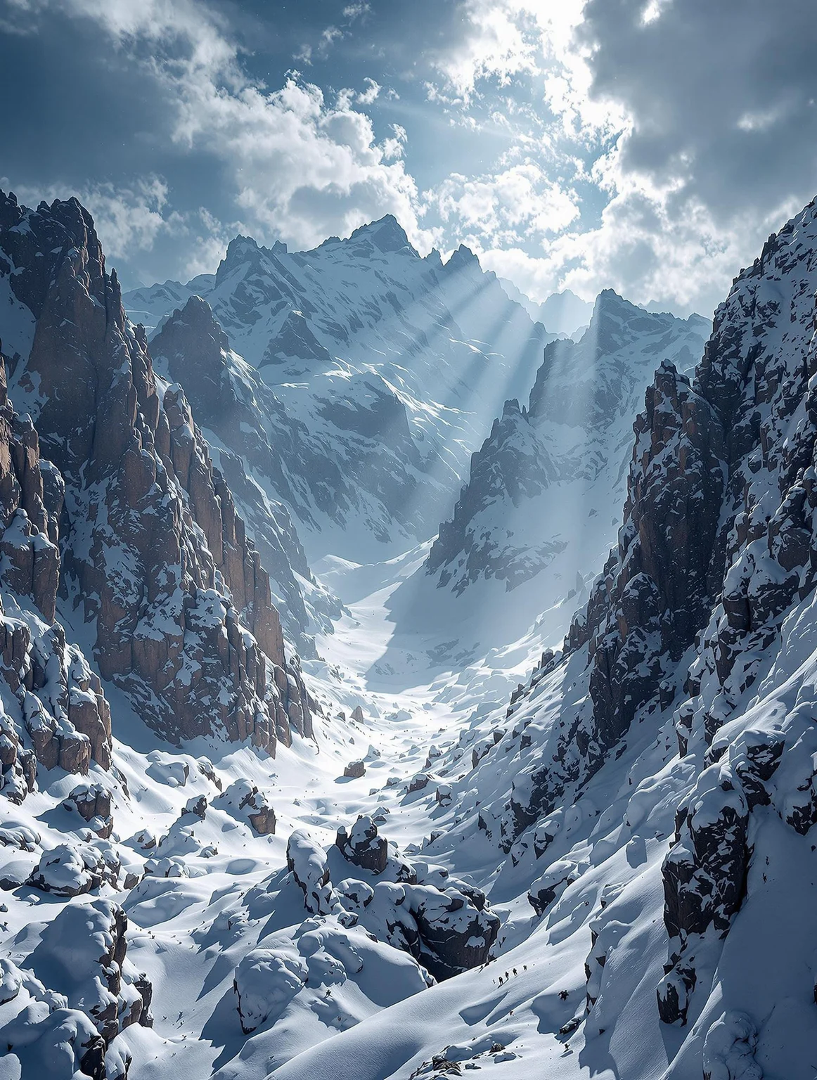 alpine-psychedelic vista, crystalline granite peaks, fractal snow patterns, volumetric light beams, monochromatic reality dissolving into sacred geometry psychedelic ansel adams in color –style chaos 75