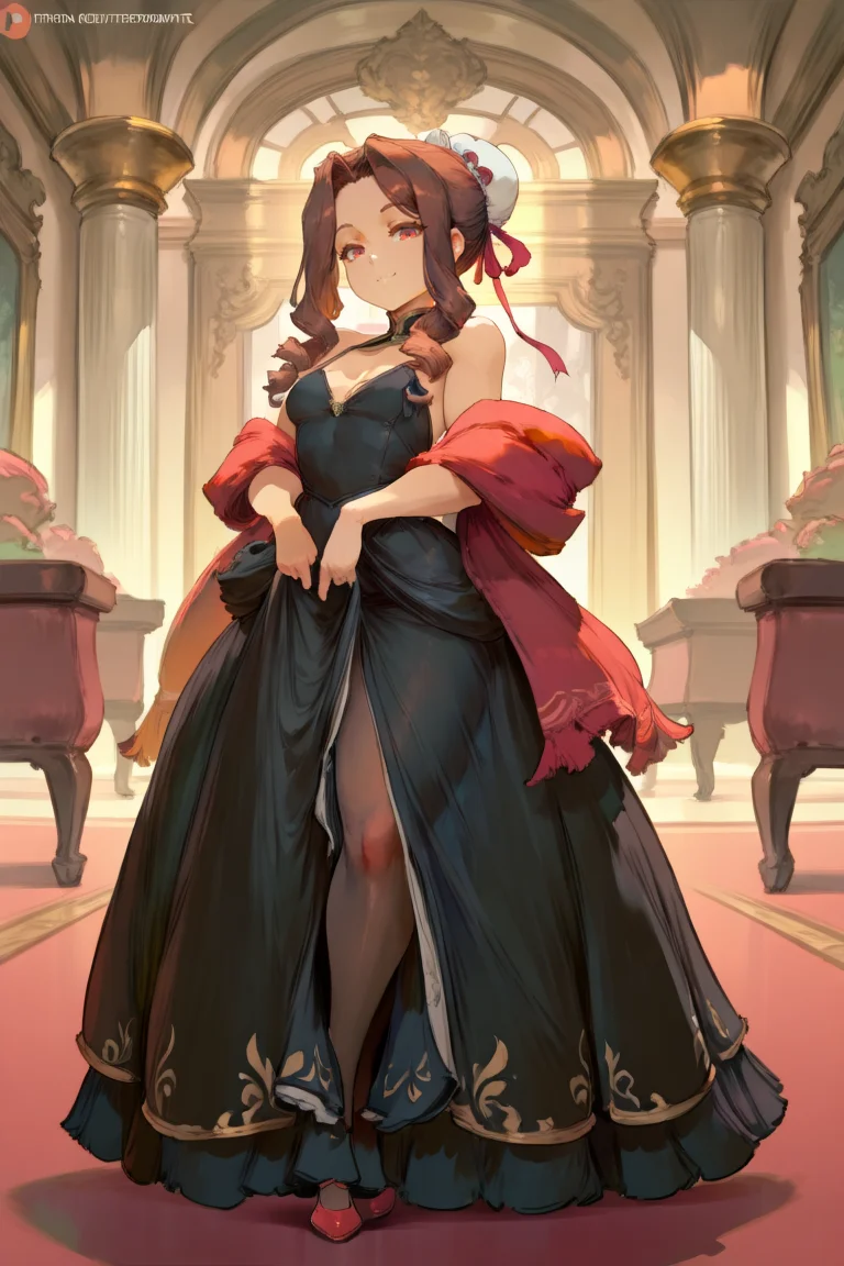 masterpiece, very aesthetic, absurdres, best quality, amazing quality, high resolution, <lora:illustrious_quality_modifiers_masterpieces_v1:0.8> , <lora:ChamIllustriousBackgroundEnhancer:0.5>, solo, <lora:MistelIL:0.5> , misdef, 1girl, long hair, long sidelocks, drill sidelocks, brown hair, red eyes, bun cover, hair ornament, single hair bun, hair ribbon, ribbon, cutesexyrobutts, red shawl, pantyhose, red shoes, (ballroom gown), hoop dress, black gown, full body, fancy ballroom, banquet hall, looking at viewer, smile,