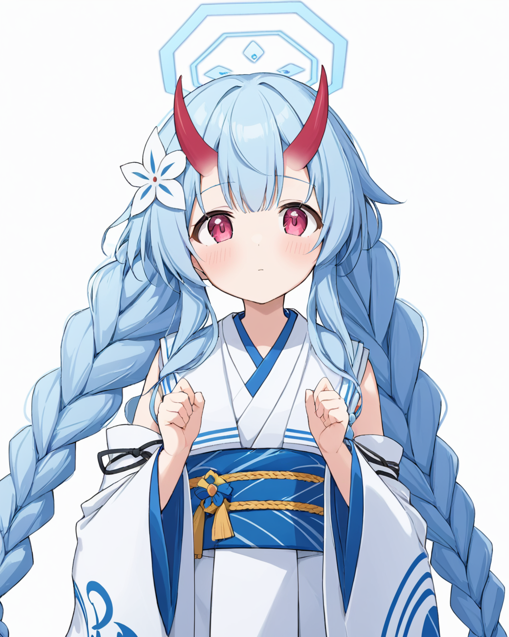 chise \(blue archive\),1girl, solo, white_background, v, ?, oni_horns, twin_braids, halo, detached_sleeves, simple_background, obi, kimono, hair_flower, red_horns, blush, looking_up, wide_sleeves
<lora:chise_(blue_archive)_image877_2023-11-26-000012:1>halo. gorgeous,key visual, vibrant, studio anime,award-winning, professional, highly detailed,high budget, cinemascope