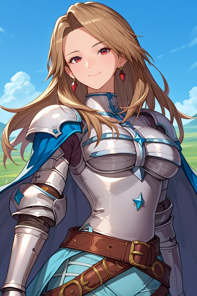 score_9, score_8_up, score_7_up, score_6_up, source_anime BREAK 1girl, solo <lora:katalina-pdxl-nvwls-v1-000007:1> defKat, brown hair, long hair, earrings, armor, blue cape, belt, gauntlets, large breasts, smile, blue sky, field, looking at you