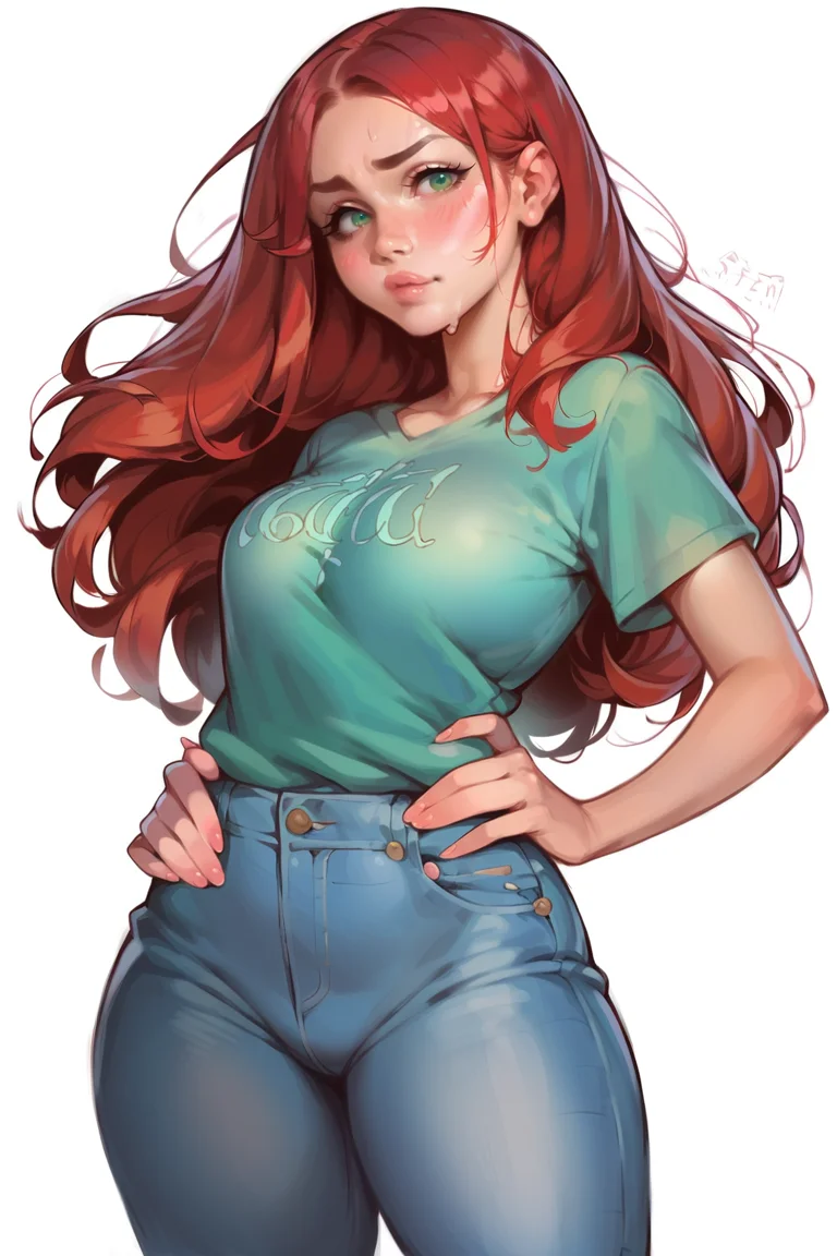 <lora:Kittew:1>, score_9, score_8_up, score_7_up, score_6_up, score_5_up, rating_questionable, source cartoon
1girl, pretty face, pretty eyes, detailed eyes, HD eyes, thick thighs
hands on hips, standing, cowboy shot
looking at viewer, blush, eyebrows, long hair, red hair, green eyes jeans, green t-shirt, boots, high waisted jeans
simple background, white background