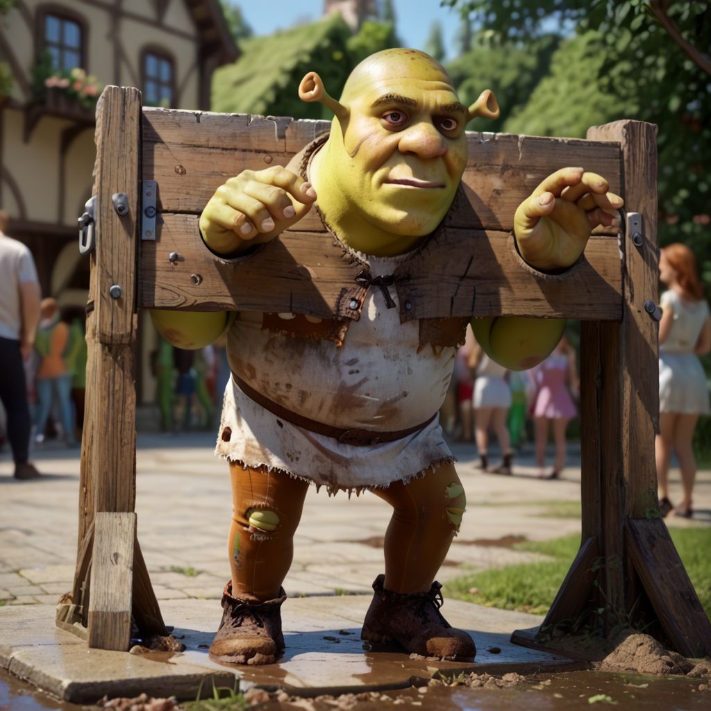 score_9, score_8_up, score_7_up, uncensored, 5_fingers, fantasy,village, outdoors,
ADDCOMM
(shrek, green skin), torn clothes,  (pillorypose,public indecency), dirty, filthy, muddy, grinning
<lora:pillorypose:1>
