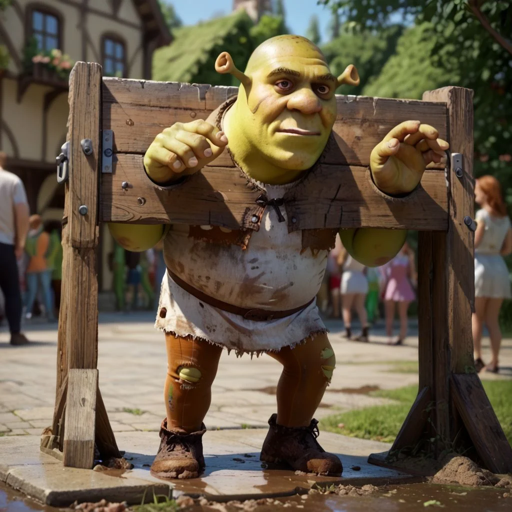 score_9, score_8_up, score_7_up, uncensored, 5_fingers, fantasy,village, outdoors,
ADDCOMM
(shrek, green skin), torn clothes, (pillorypose,public indecency), dirty, filthy, muddy, grinning
<lora:pillorypose:1>