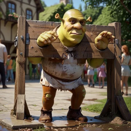 score_9, score_8_up, score_7_up, uncensored, 5_fingers, fantasy,village, outdoors,
ADDCOMM
(shrek, green skin), torn clothes, (pillorypose,public indecency), dirty, filthy, muddy, grinning
<lora:pillorypose:1>