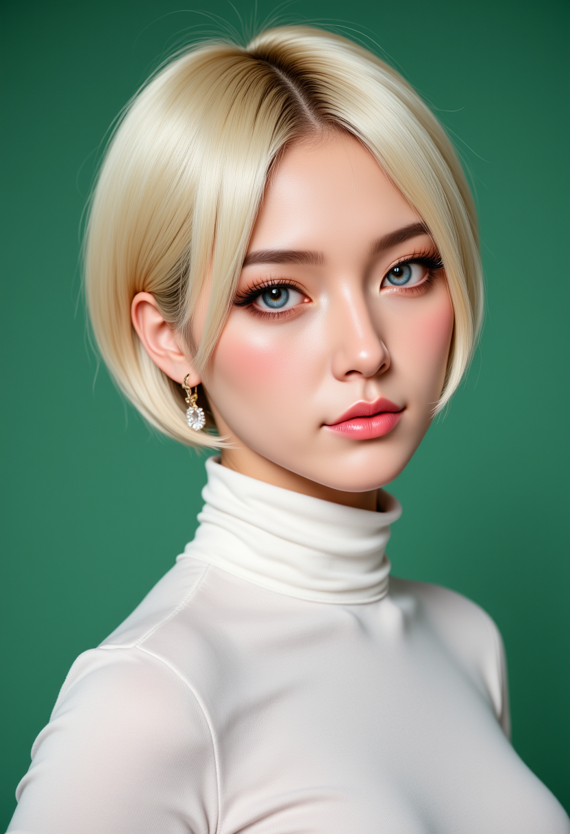 Headshots,masterpiece, a beautiful woman,Hyperrealistic, she is smiling, dynamic angles, multiple angles, photoshoot poses; A photo of A photo of Xiao Wu 156G, a woman with short blonde hair, and blue eyes, she has massive breasts, a beautiful girl,she is wearing a white turtleneck sweater.she has massive breasts, she has piercing eyes. a dynamic pose and a sense of action. simple green background, and the lighting is soft, creating a dramatic effect, creating a focused and dynamic pose.; the scene is set in a beautiful well-lit environment, with a sense of action and adventure. Style: realistic hyper-detailed rendering, 32k UHD, expressive eyes, punk, graphic design, girl's face, pretty and cute, gleaming lips, telling a tale of adventure. Exuding confidence and serenity. The overall mood of the image is happy and relaxed, detailed skin texture,(blush:0.2),(goosebumps:0.3), subsurface scattering,with a playful and whimsical tone,aidmafluxpro1.1, perfection style,