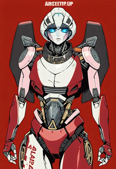 score_9, score_8_up, score_7_up, masterpiece, best quality, solo, perfectly drawn face, perfectly drawn eyes, arceerotb, autobot, 1girl, red and white body, mechanical parts, robot, helmet-like head, robotic face, glowing blue eyes, autobot symbol on forehead, fairing-like chest, wheels on back, 'ducati' printed on right leg, narrow waist, m1n1mal-p0st3rs, flat color, silhouette, red background, white text, "ARCEE" text