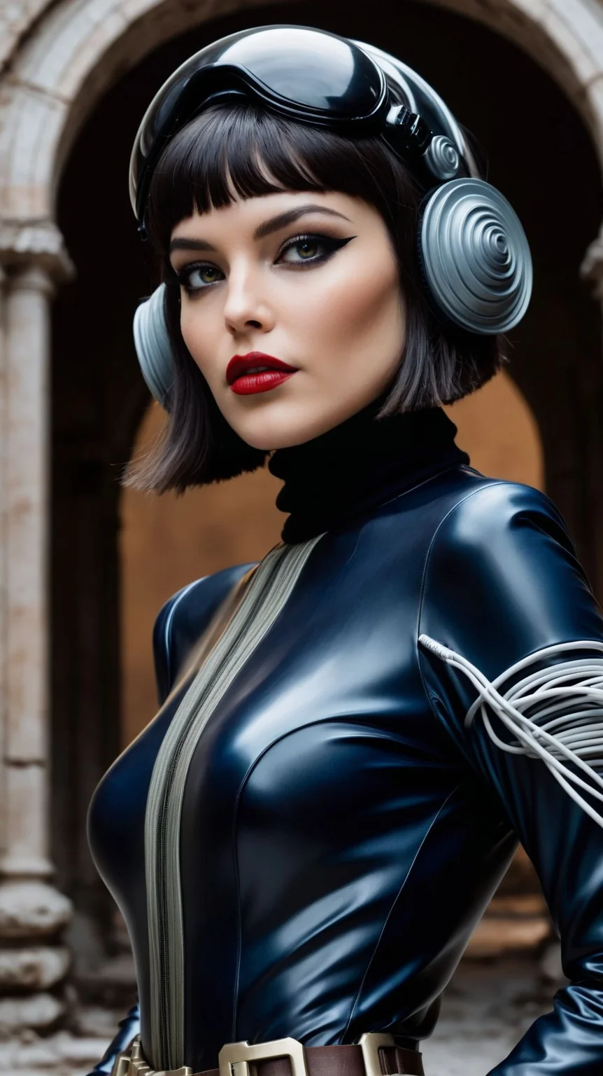 high fashion photo by Richard Avedon,
latin brunette woman, thick eyeliner, lipstick, retro-futuristic vinyl turtleneck space soldier suit styled by Salvatori Ferragamo, technology, wires|cables, armor, headdress,
in ancient alien ruins,
full body shot, from below, attitude, DOF, selective focus
<lora:add-detail-xl:1>
<lora:fix_hands:1>